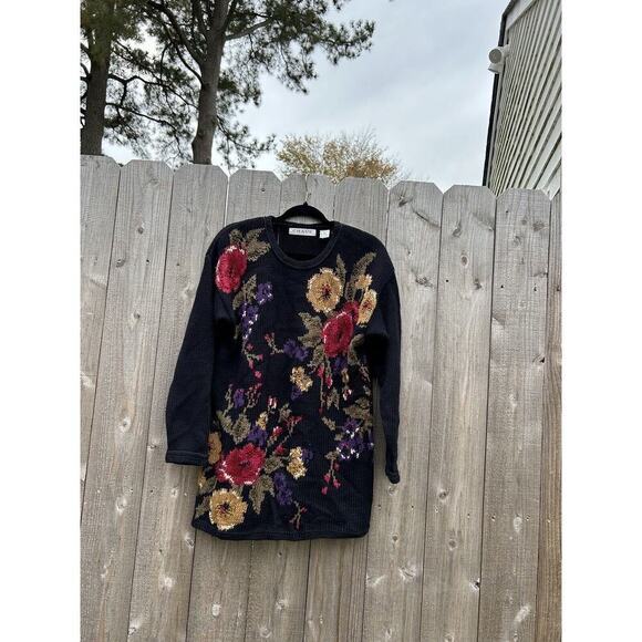 Vintage Chaus‎ Sweater Floral Black Cottagecore Small Winter Knit Fall Cozy - Picture 2 of 8